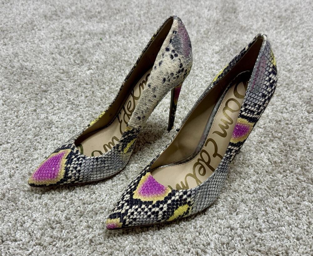 Sam Edelman Danna Pointed Toe Snake Print Leather Stiletto Metallic Pumps Sz 8.5